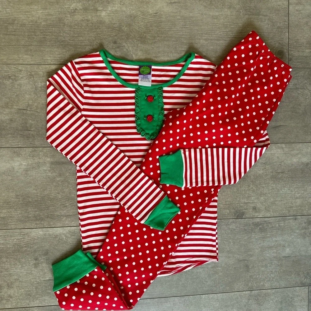 New Dollie & Me Girls Ultra Soft Polka Dot Stripes Red White Green Pajama Set